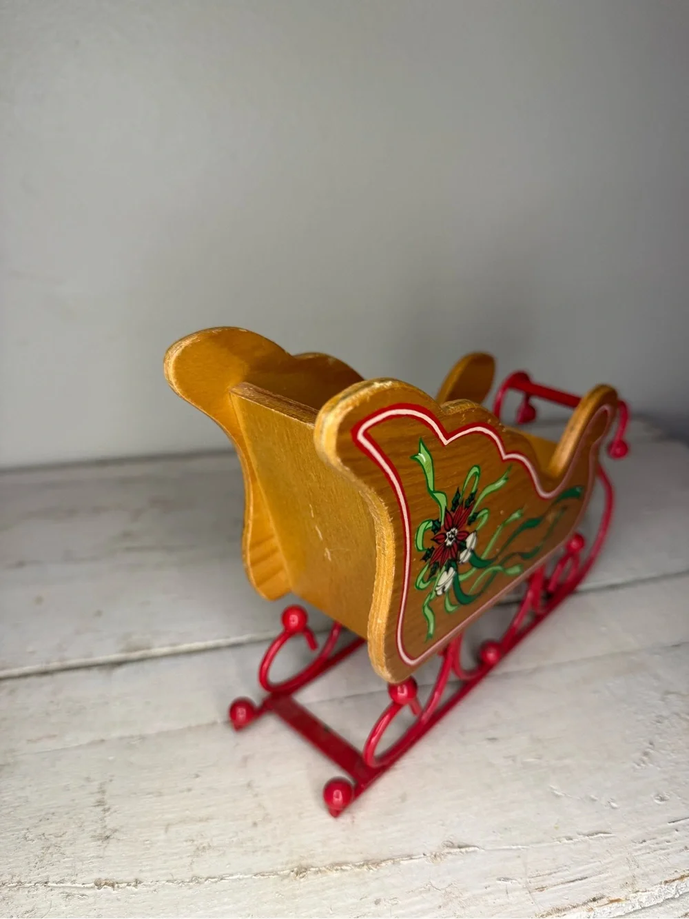 Vintage Poinsettia Wooden Sleigh Planter w/Metal Rails. Sleigh 8